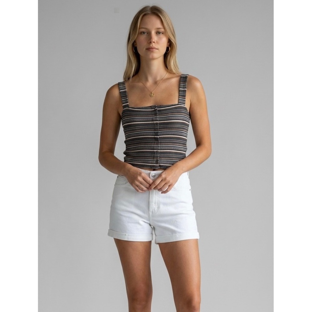 American Eagle Soft & Sexy Striped Ribbed Button Front Crop Tank Top Small Black